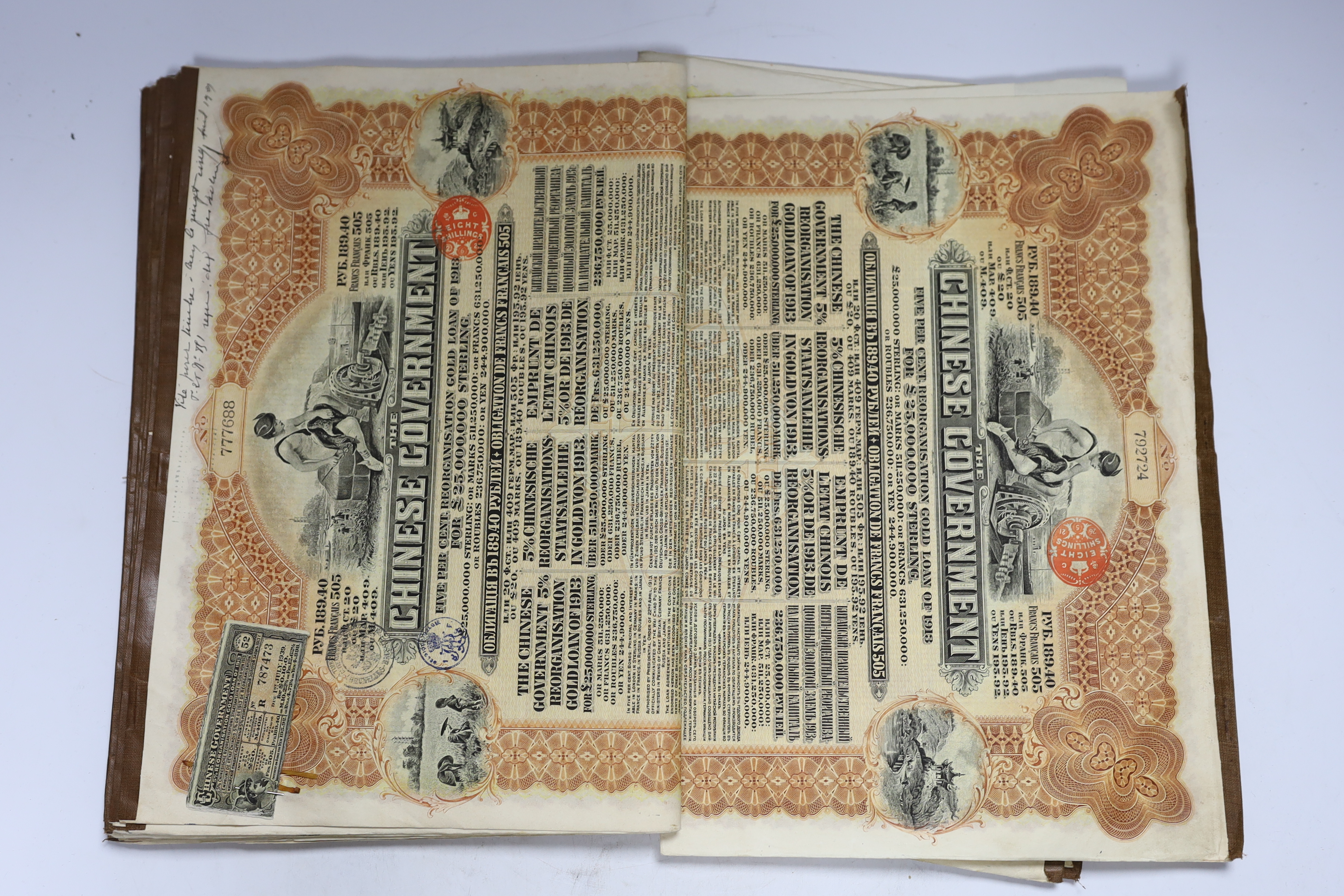 Eighteen Chinese Government Gold Loan bonds, 1913